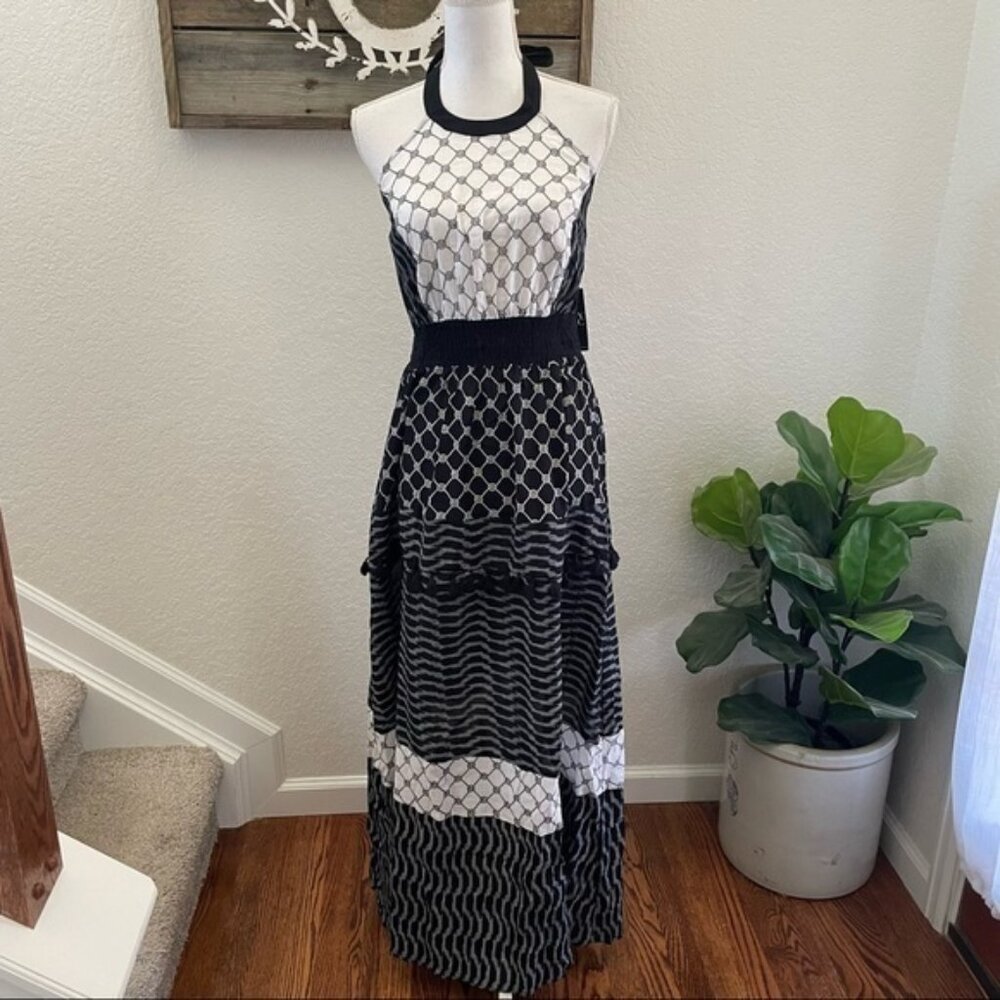 New York‎ & Co black white halter maxi dress cotton size L NWT